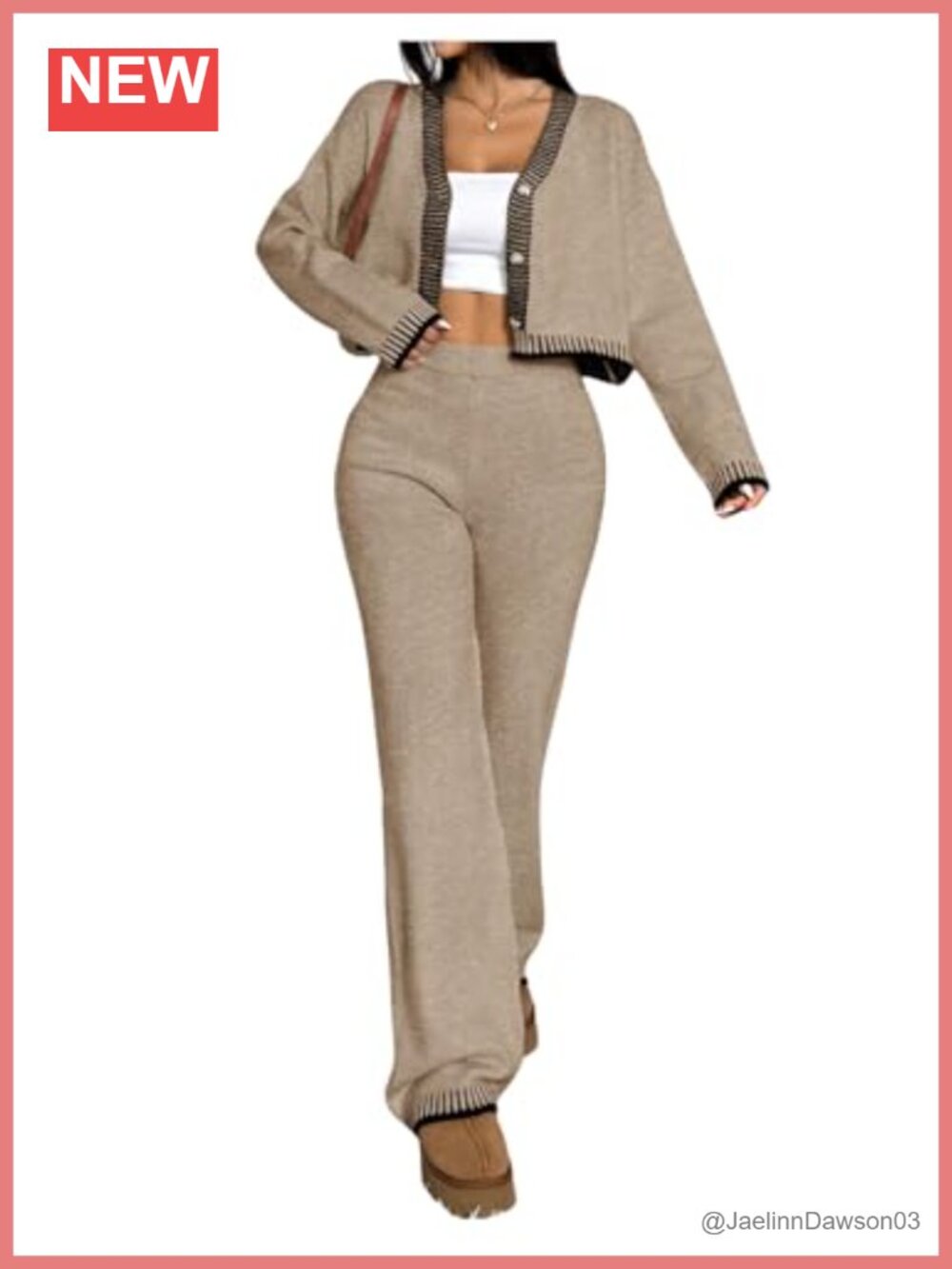 Contrast Trim 2 Piece Knit Cardigan Wide Leg Pants Set